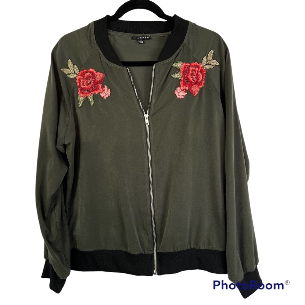 West Kei Olive Embroidered Floral Zip Front Lightweight Bomber Jacket Large